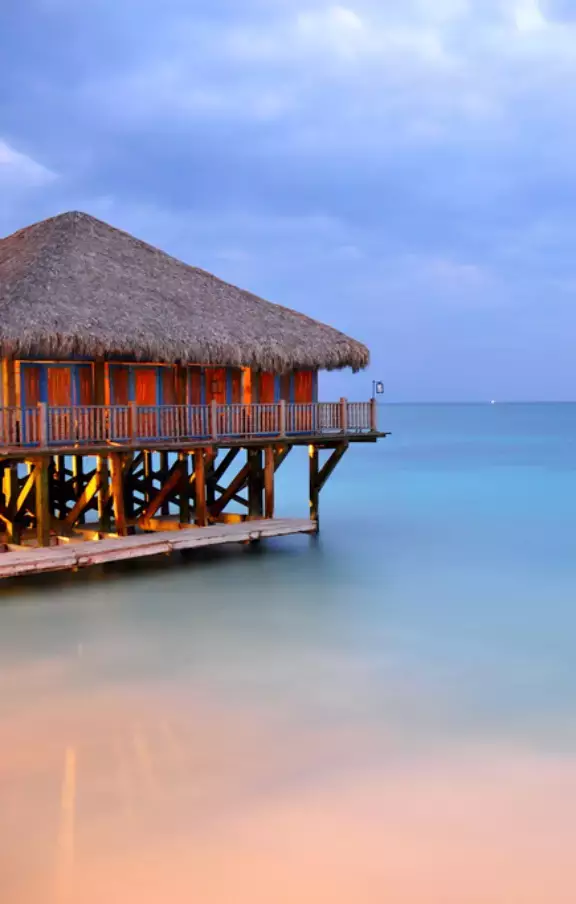 Fotografia de uma acolhedora cabana de palha em Punta Cana, oferecendo sombra e conforto em meio à paisagem tropical. Um recanto de paz à beira-mar.