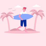 Ilustração de um homem andando com uma prancha de surfe