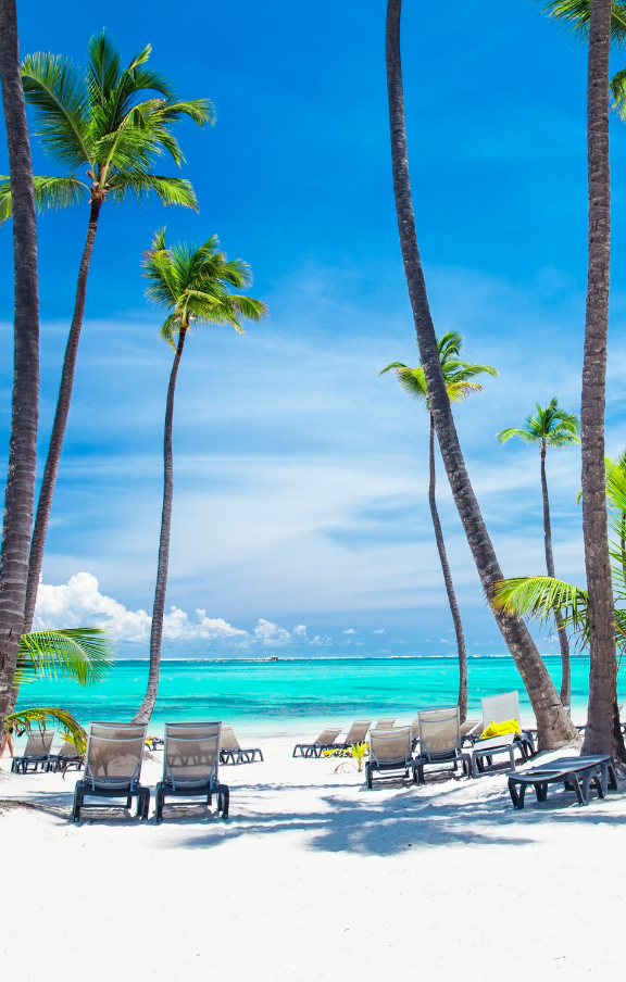 Vista deslumbrante da praia branca e imaculada de Punta Cana, contrastando com o céu azul e as palmeiras dançantes. Um refúgio tropical perfeito para relaxar e desfrutar.