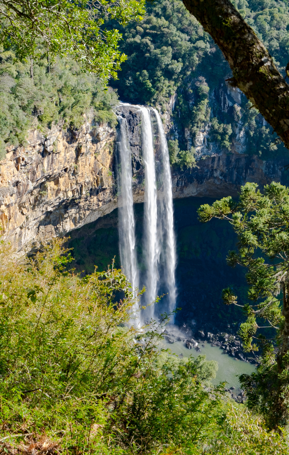 Registro da beleza selvagem da Cachoeira Caracol em Canela, com suas águas poderosas descendo pela encosta, criando um cenário de tirar o fôlego. Uma atração essencial para amantes da natureza.