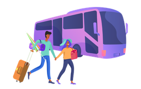 Ilustração de pessoas felizes entrando no ônibus para viajar