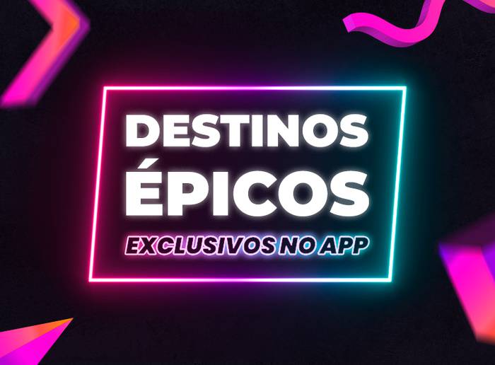 Imagem preta com detalhes roxos escrito Destinos Épicos Exclusivos no App