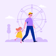 Ilustração de um homem e uma menina na frente de uma roda gigante